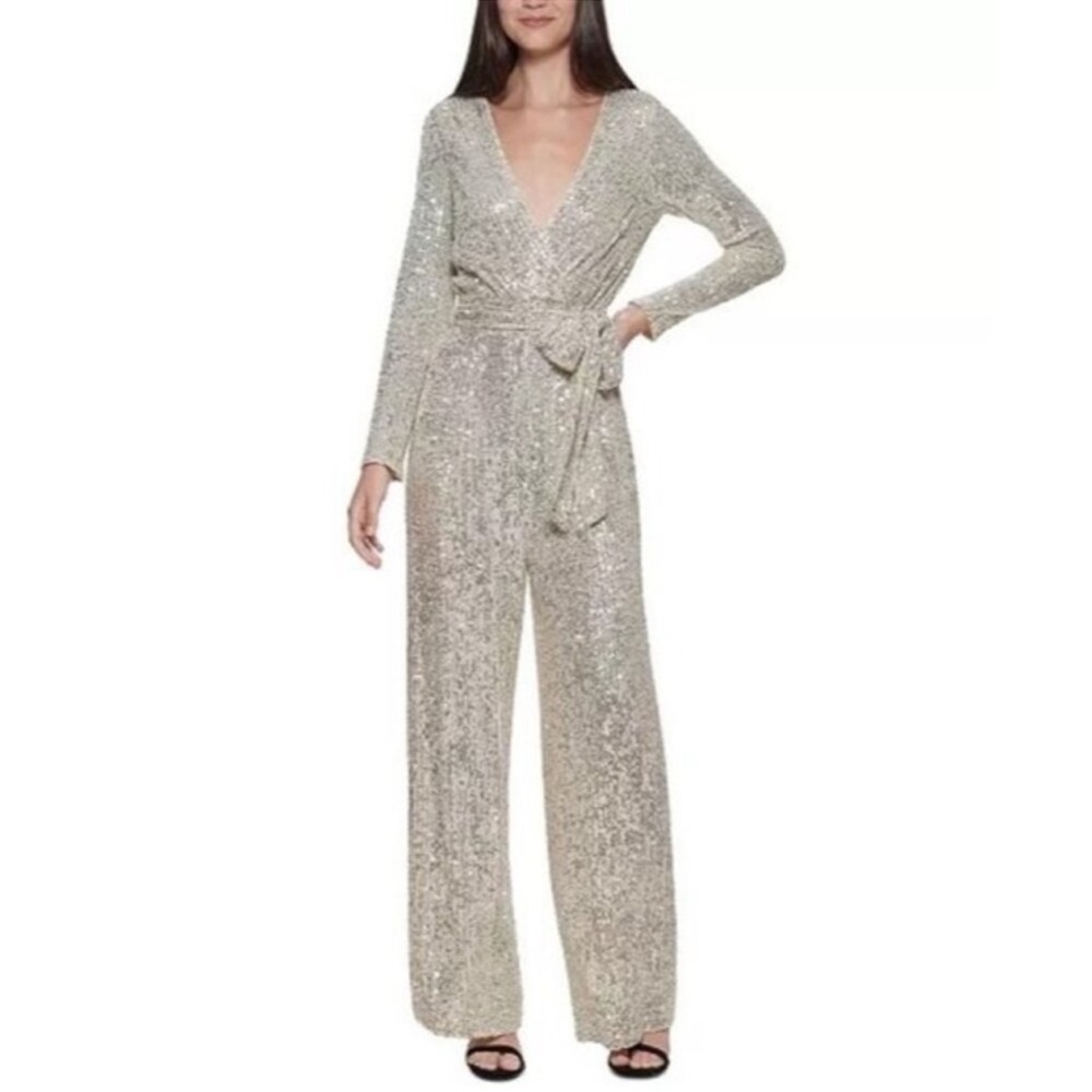 Eliza J Sequins Embellished Long Sleeves Faux Wrap Wide Leg Jumpsuit- Reemoly